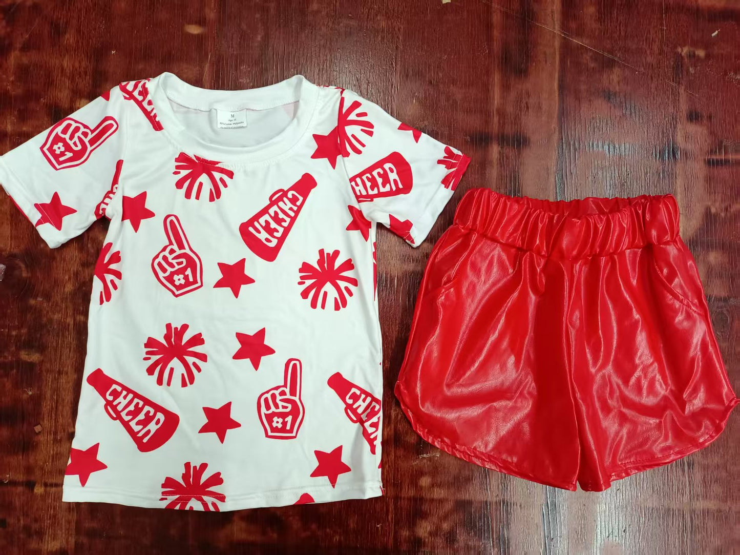 Preorder moq 5 Baby Girls Short Sleeves Red Firework CHEER Top Pleather Short Set