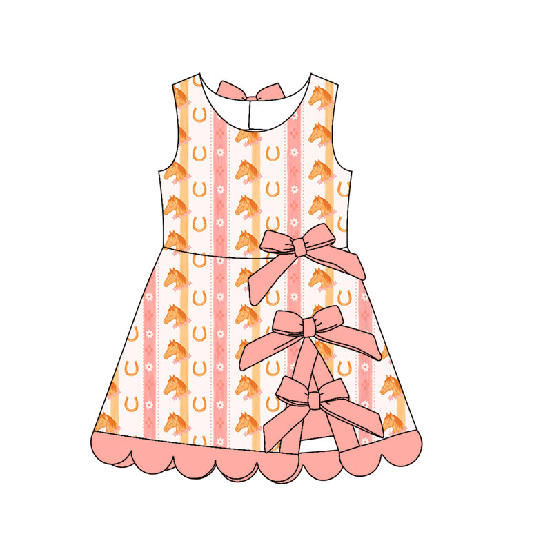 Preorder (moq 5)Baby Girls Horse Shoes Stripe Western Short Scallop Knee Length Dresses