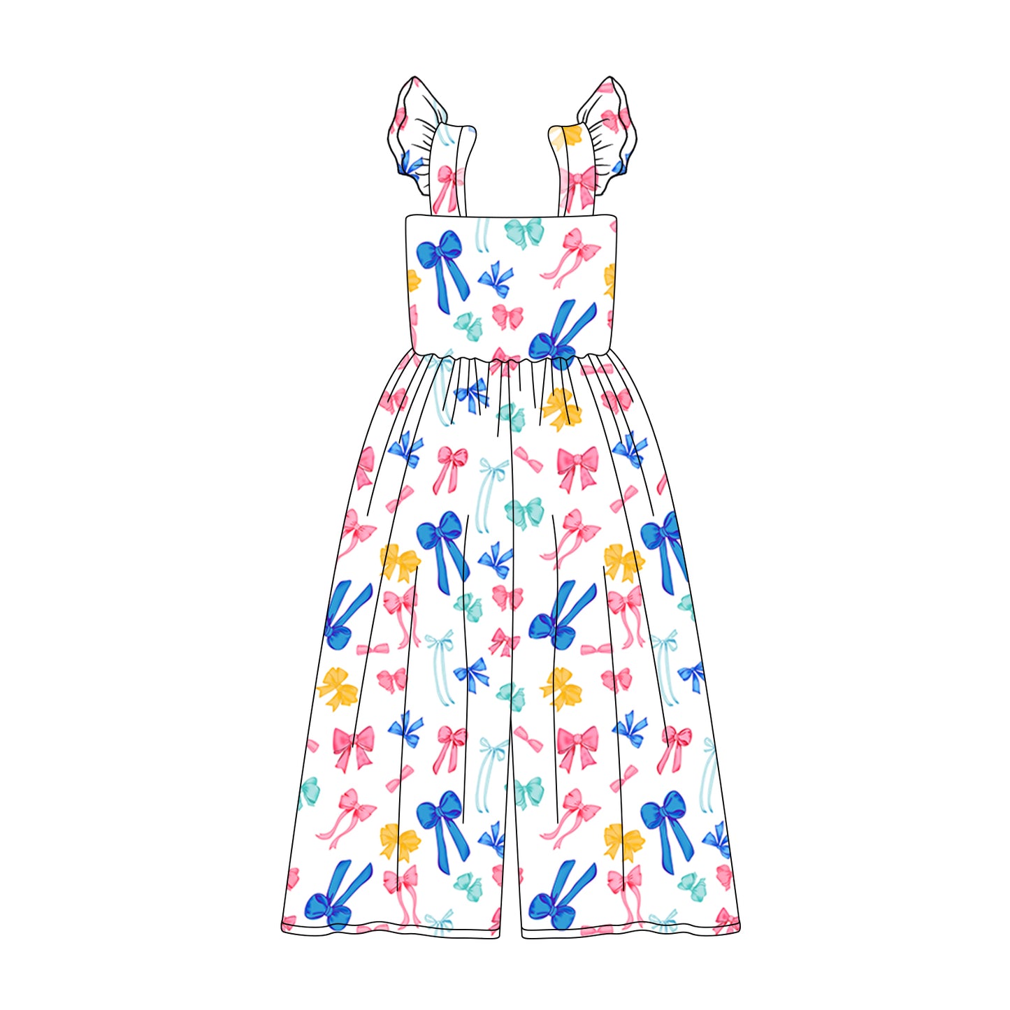 Preorder (moq 5)Baby Girls Flutter Sleeves Colorful Bows Bell Bottom Jumpsuits