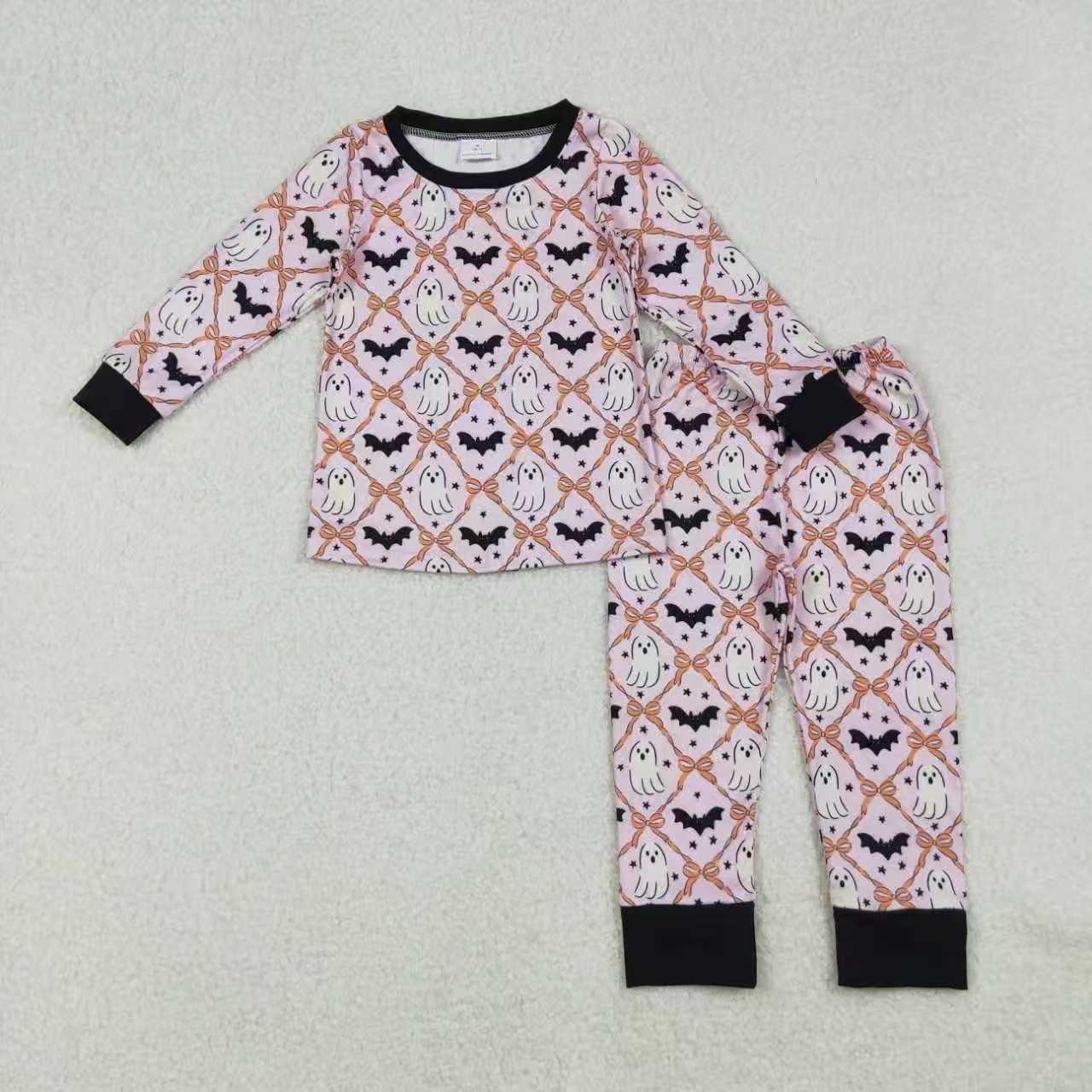 Sibling Baby Girls Ghosts Bats Checked Halloween Pajamas Sets Knee Length Dresses