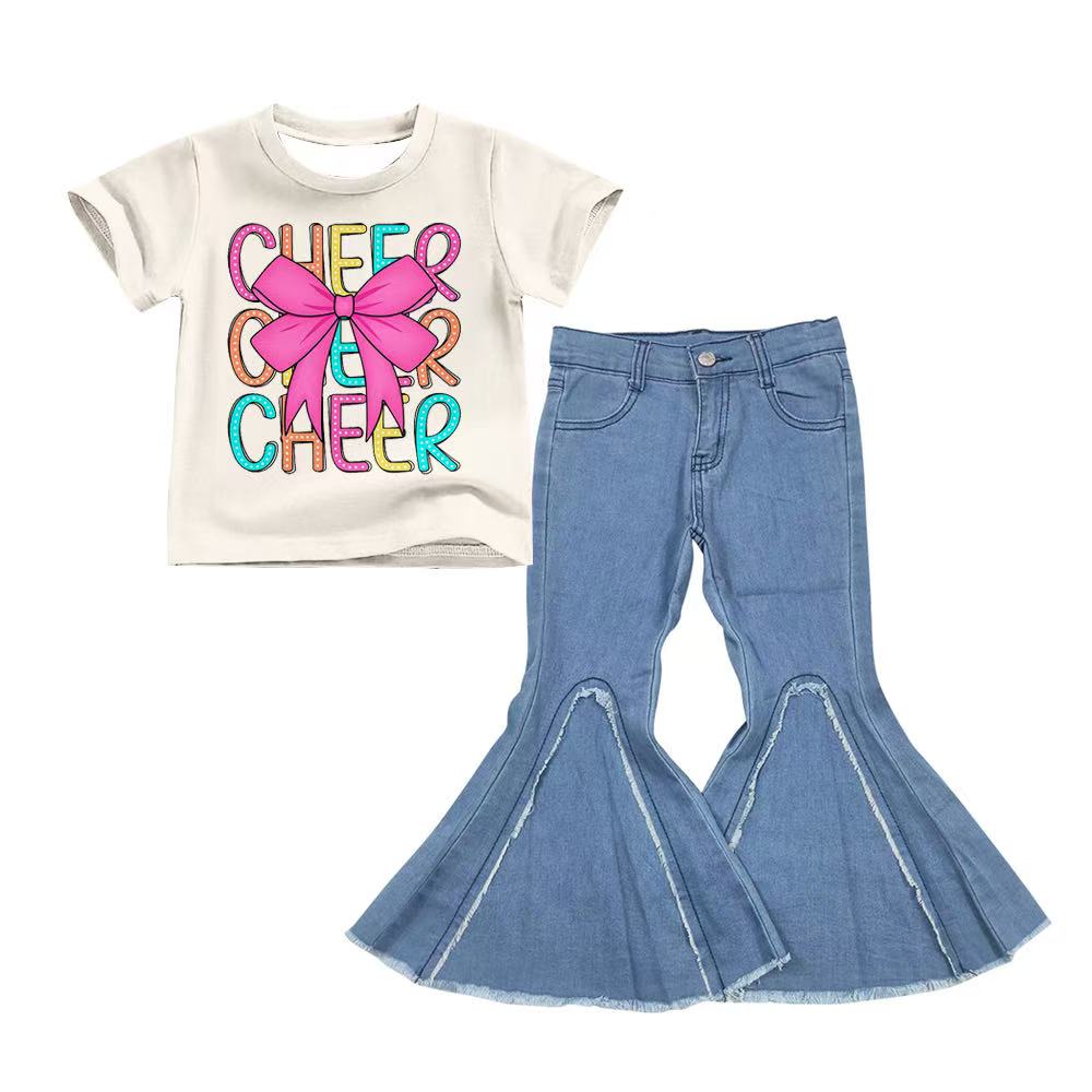 preorder(moq 5) Baby Girls Colorful Bow Cheer Team Tee Shirts Tops denim Bell pants sets