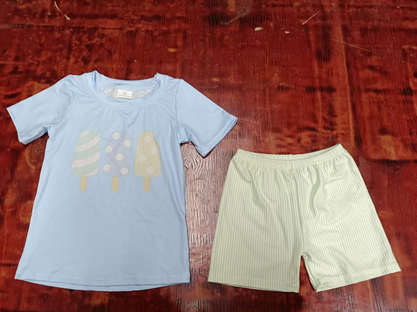 Preorder moq 5 Baby Boys Blue Short Sleeves Popsicle Top Aqua Stripe Short Set