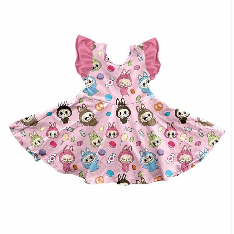 Preorder moq 5 Baby Girls Flutter Sleeve Cartoon Rabbits Knee Length Dresses