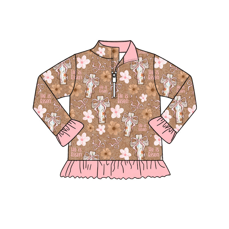 Preorder (moq 5) Baby Girl Clothes He Is Risen Cross Floral Allover Print Long Sleeve Quarter Zip Ruffle Hem Top