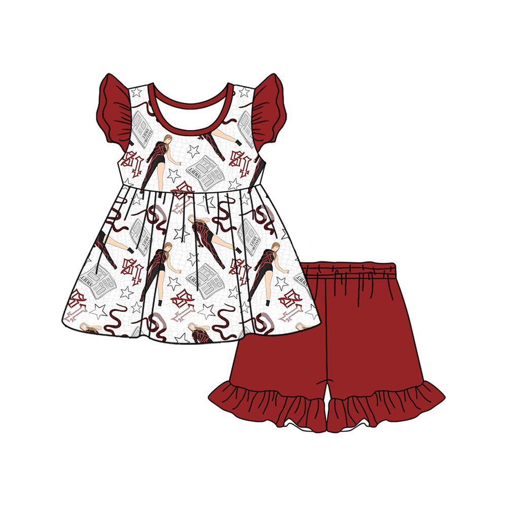 Preorder (moq 5)Baby Girls Red Singer Tunic Top Ruffle Shorts Clothes Sets