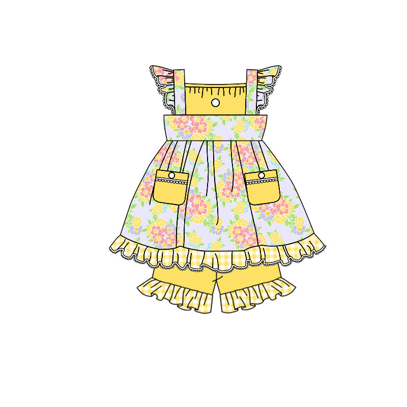 Baby Girls Yellow Flowers Flutter Sleeve Top Ruffle Shorts Clothes Sets Preorder