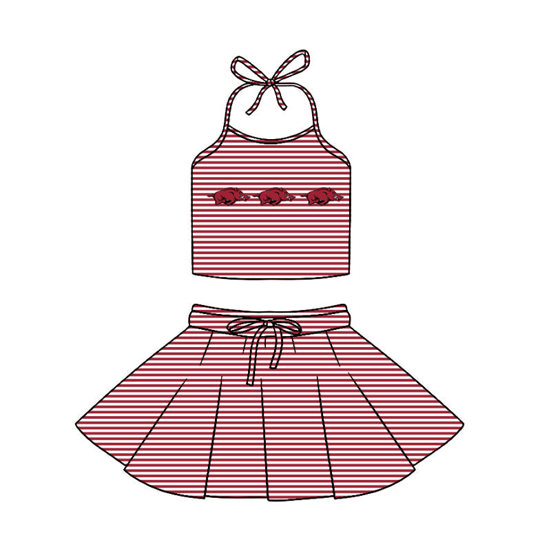 Preorder (moq 5)Baby Girls Strap Red Stripe Bulls Vest Top Skirt Shorts 2 Piece Team Swimsuits