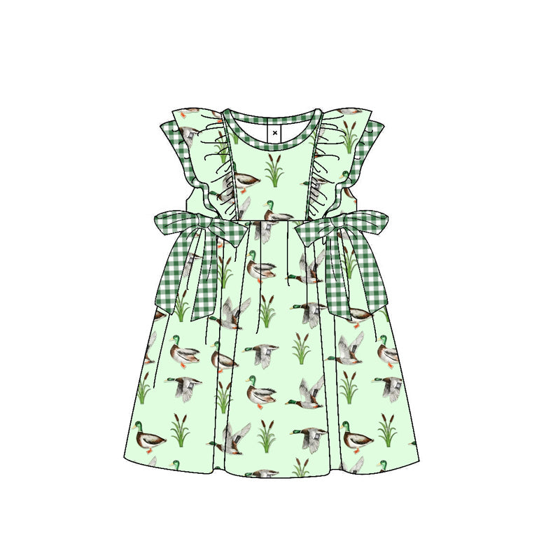 Baby Girls Mallard Ducks Green Ruffle Bows Knee Length Dresses preorder(MOQ 5)