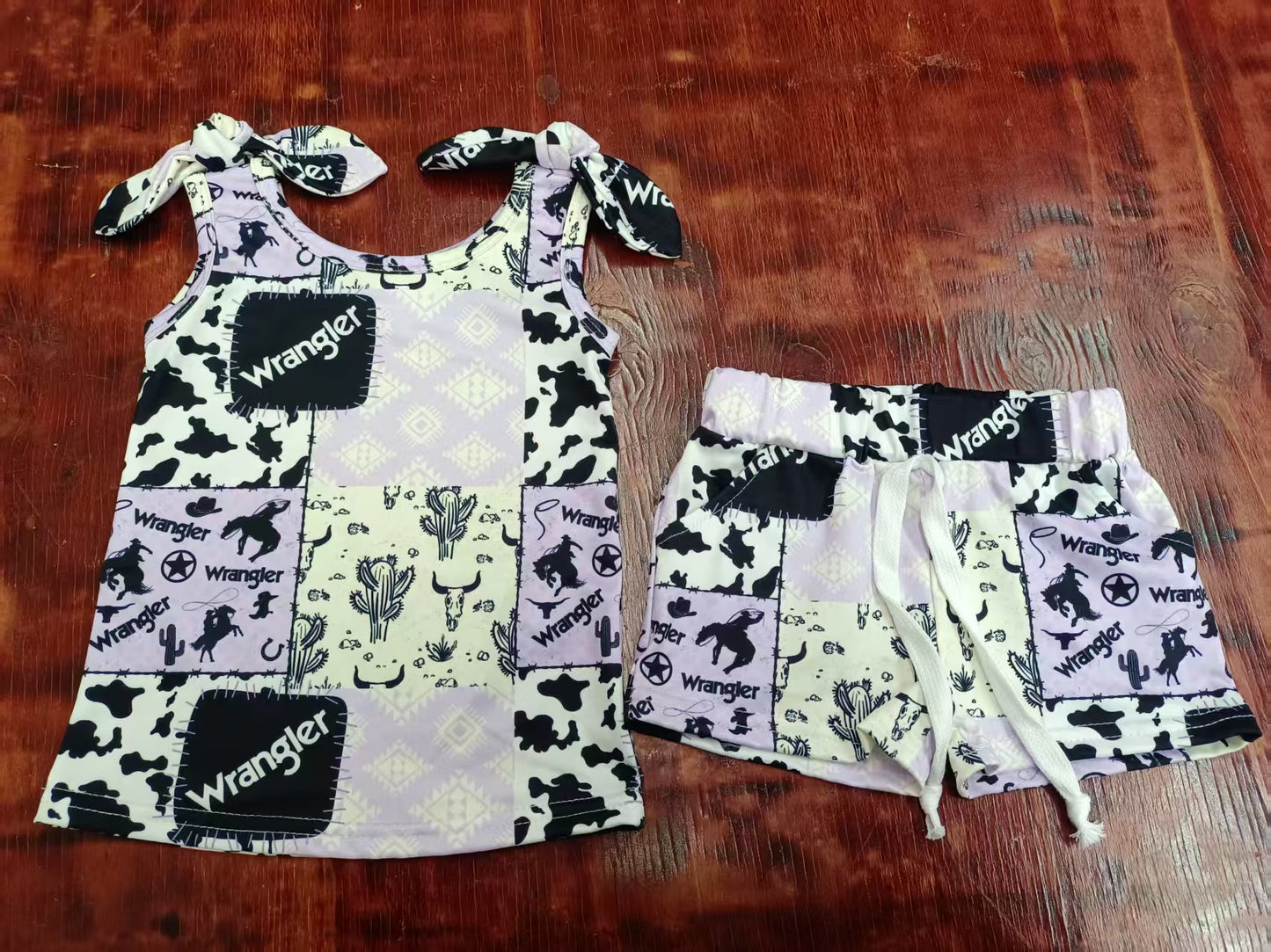 Preorder moq 5 Baby Girls Strap Cow Print Bull Skull Top Pockets Short Set