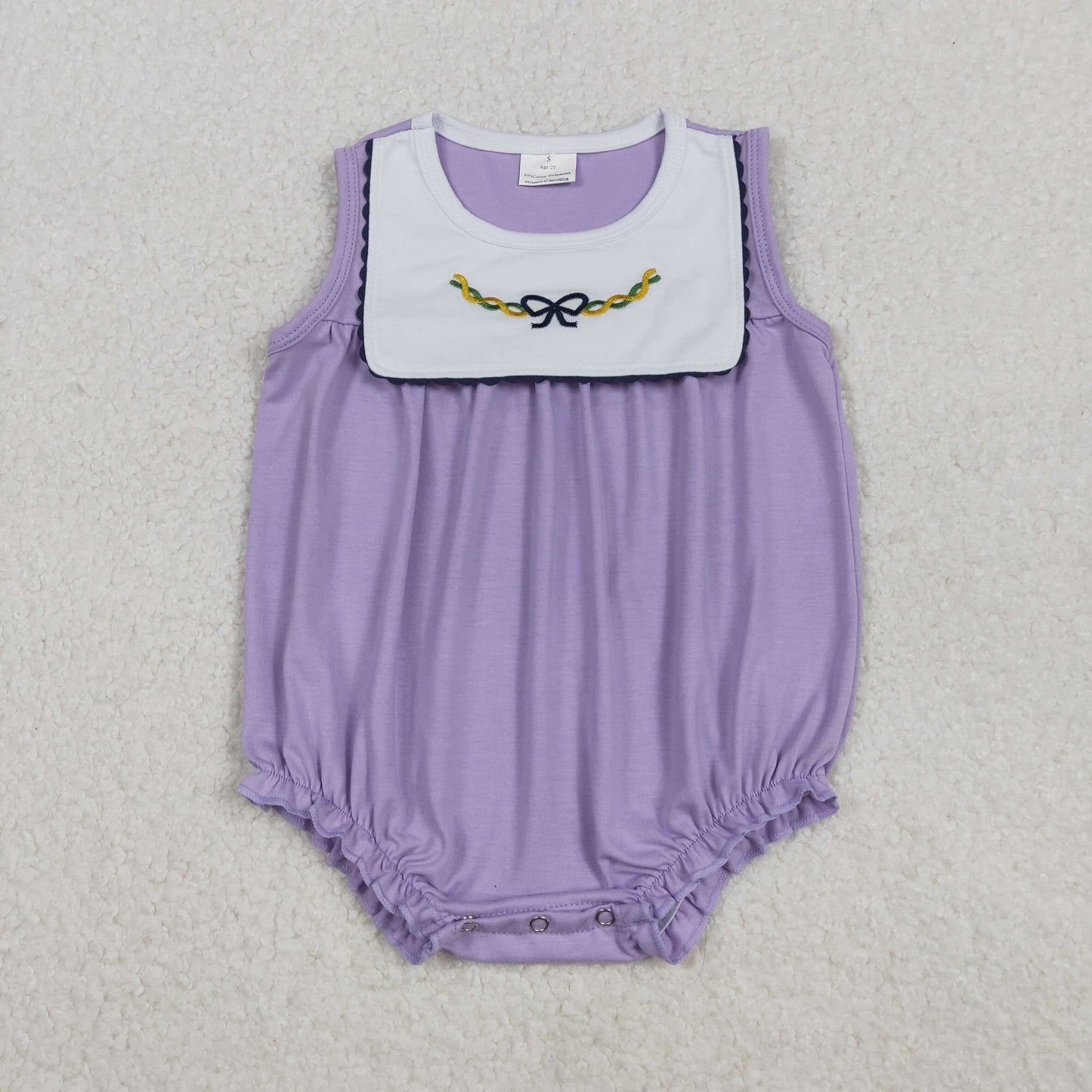 Embroidery Bows Baby Girls Sleeveless Mardigrass Ruffle Rompers