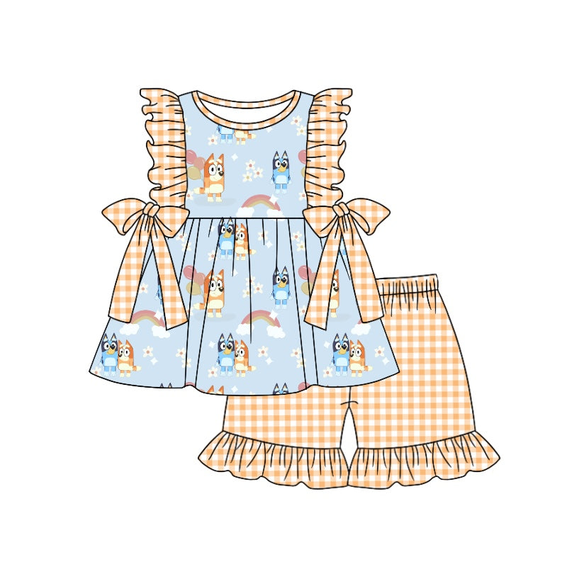 Baby Girls Rainbow Flowers Dogs Tunic Ruffle Shorts Clothes Sets preorder (moq 5)