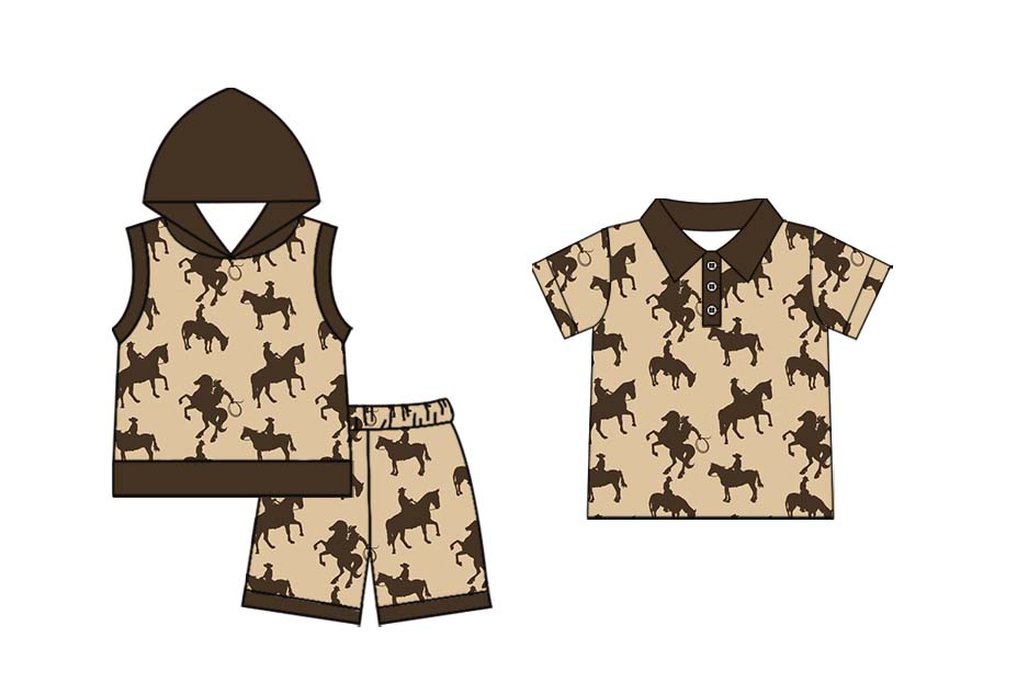 Preorder(moq 5 each)Sibling Baby Boys Western Grey Rodeo Horse Hooded Top Pullovers Shorts Sets