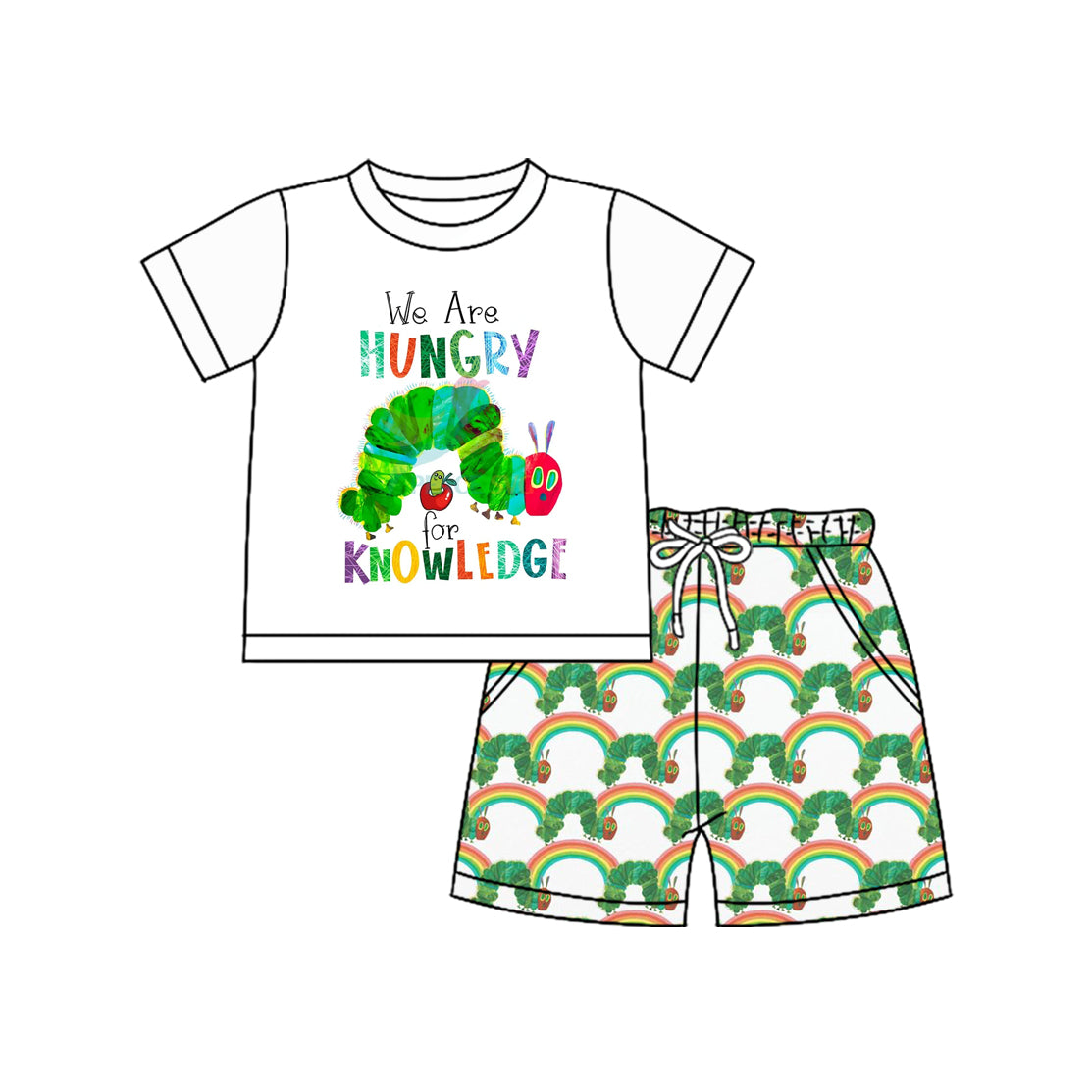 Preorder moq 5 Baby Boys Short Sleeves Caterpillar Top Rainbows Pockets Shorts Set