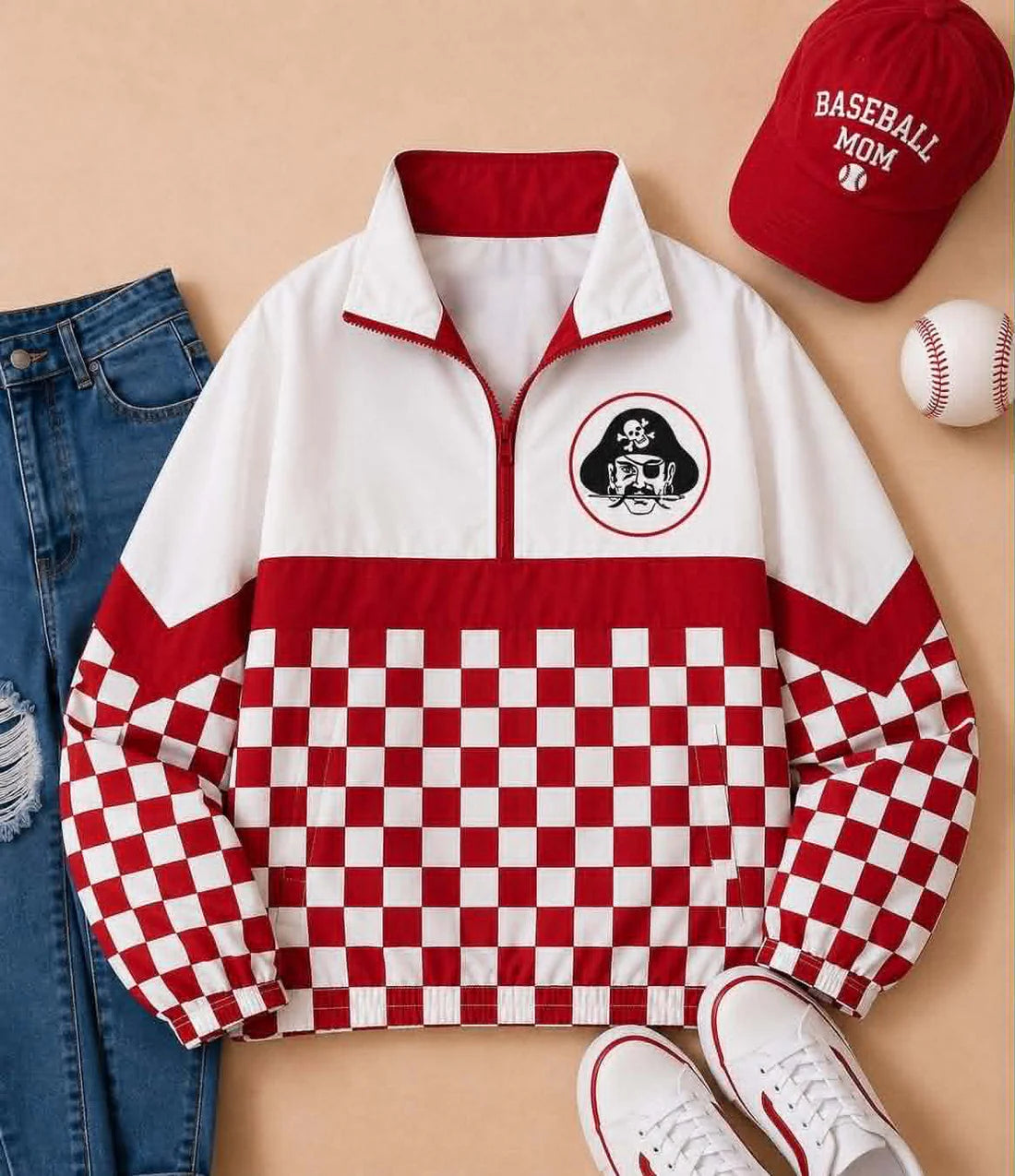 Preorder (moq 5)Baby Boys Long Sleeve Red Checked Hankinson Pirates Team Zip Pullovers Tops