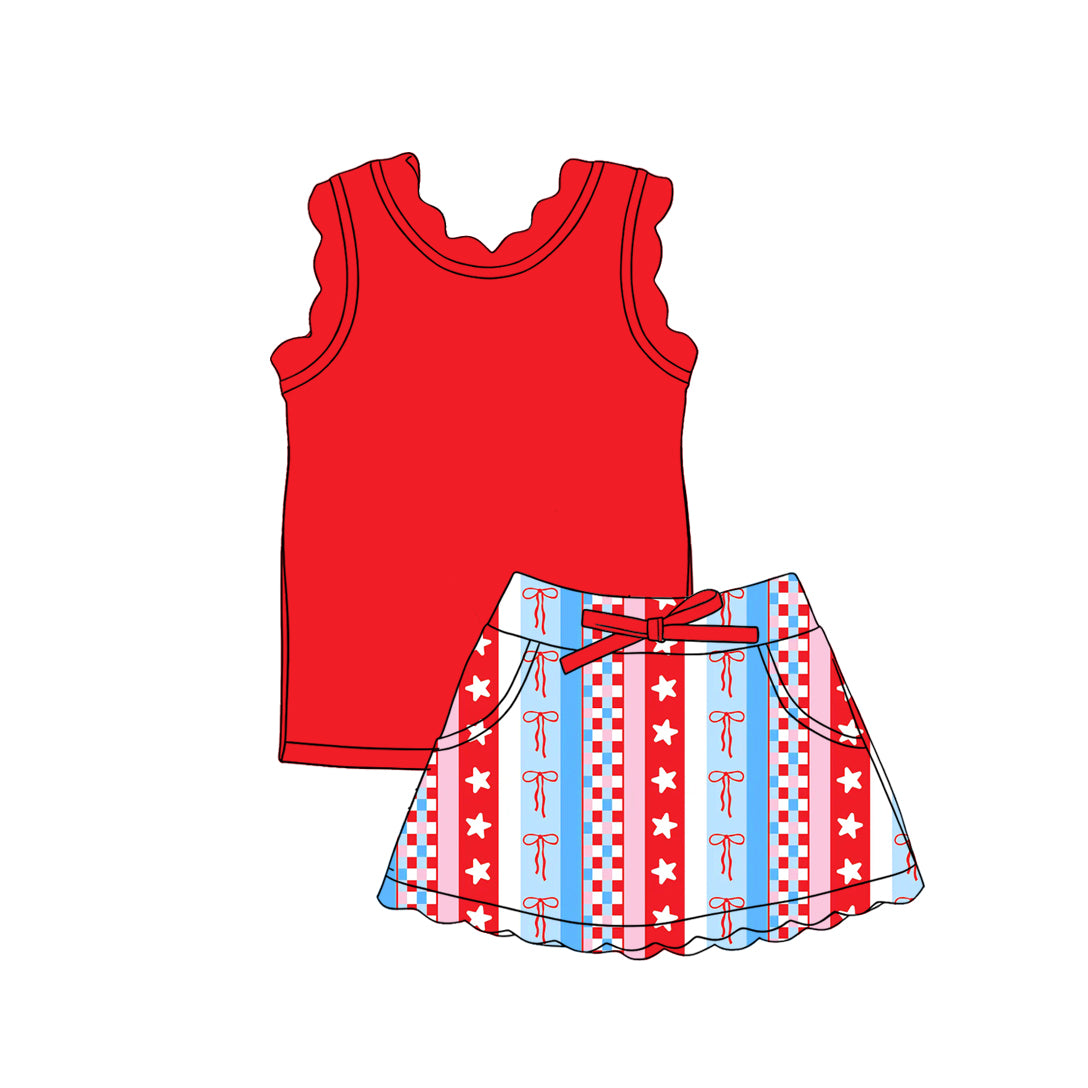 Preorder (moq 5)Baby Girls Red Vests Star Bows Stripe Scallop Pockets Skirt Shorts 4th of July Sets