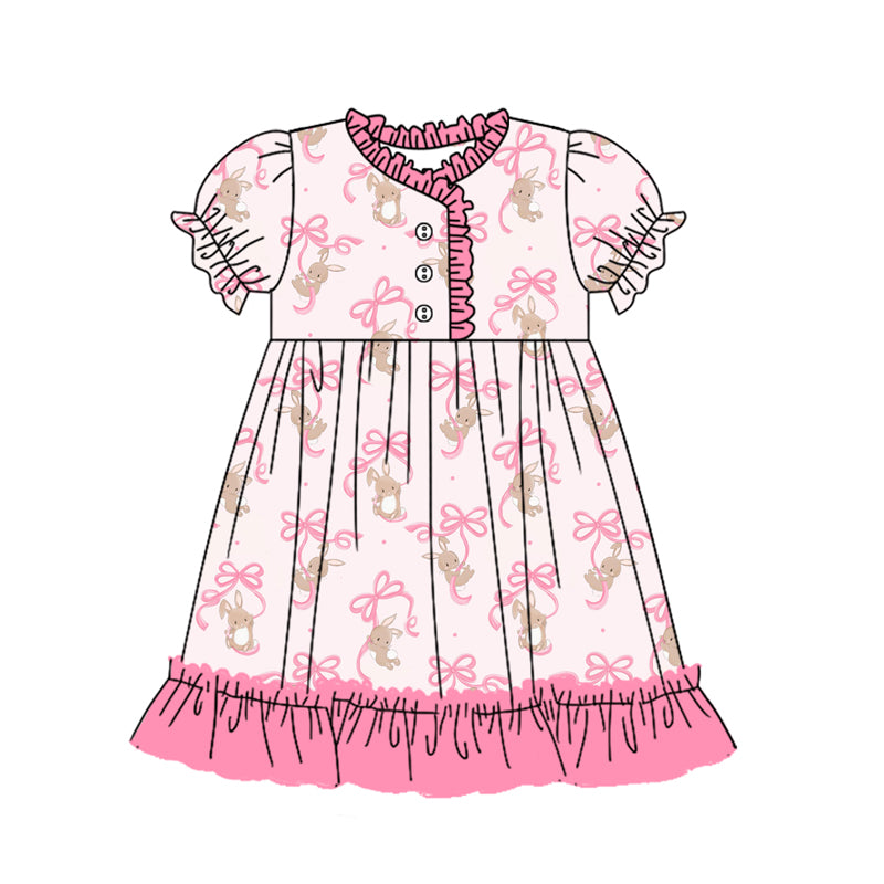 Preorder (moq 5)Baby Girls Easter Rabbits Bows Ruffle Knee Length Gowns Dresses