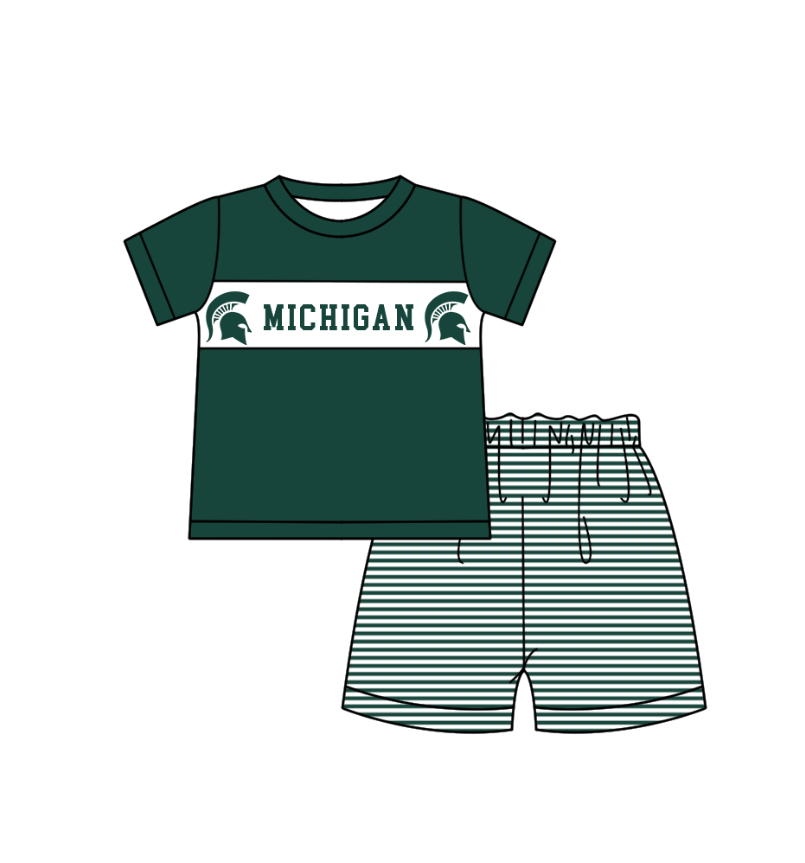 Preorder (moq 5)Baby Boys Green Short Sleeve Michigan Top Stripe Short Team Clothes Sets