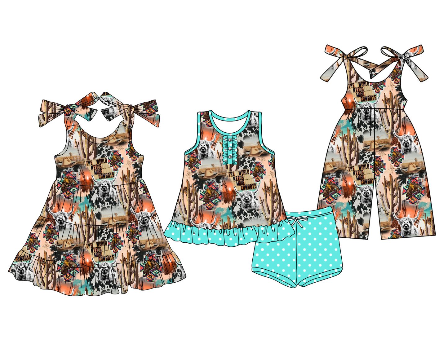 Preorder moq 5 Custom Baby Girls Highland Cows Cactus Button Tunic Aqua Polka Dots Short Set Knee Length Dress Jumpsuits