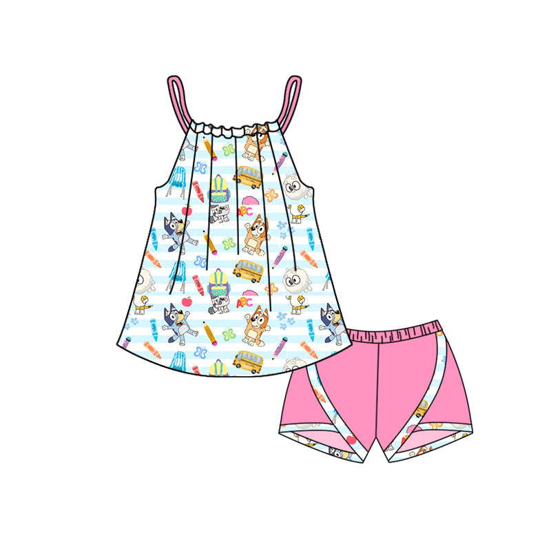 Preorder moq 5 Baby Girls Pink Strap Cartoon Dogs Pencils Tunic Short Back School Set