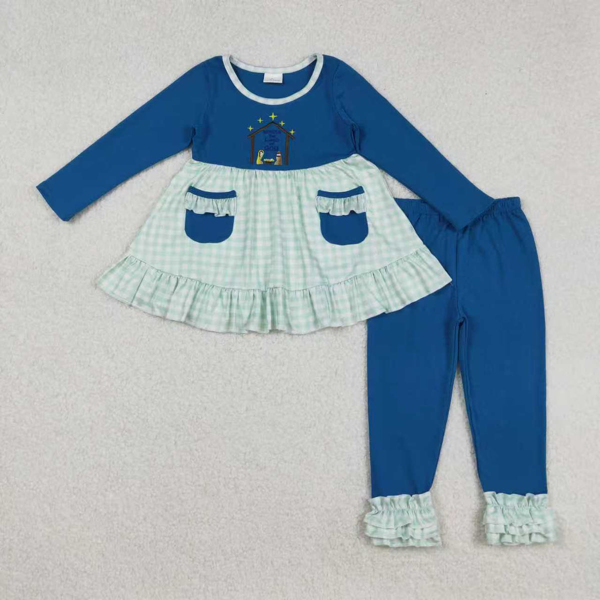 Sibling Baby Girls Embroidery Nativity Pockets Ruffle Pants Christmas Clothes Set Rompers