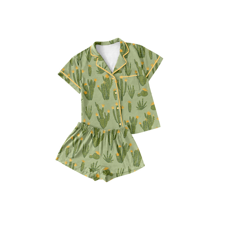 Preorder (moq 5)Baby Girls Western Cactus Bows Buttons Top Shirt Shorts Pajamas Clothes Sets