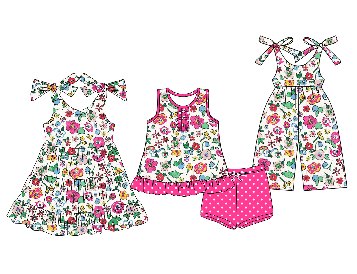 Preorder moq 5 Custom Baby Girls Pink Flowers Tunic Polka Dots Shorts Set Knee Length Dress Jumpsuits