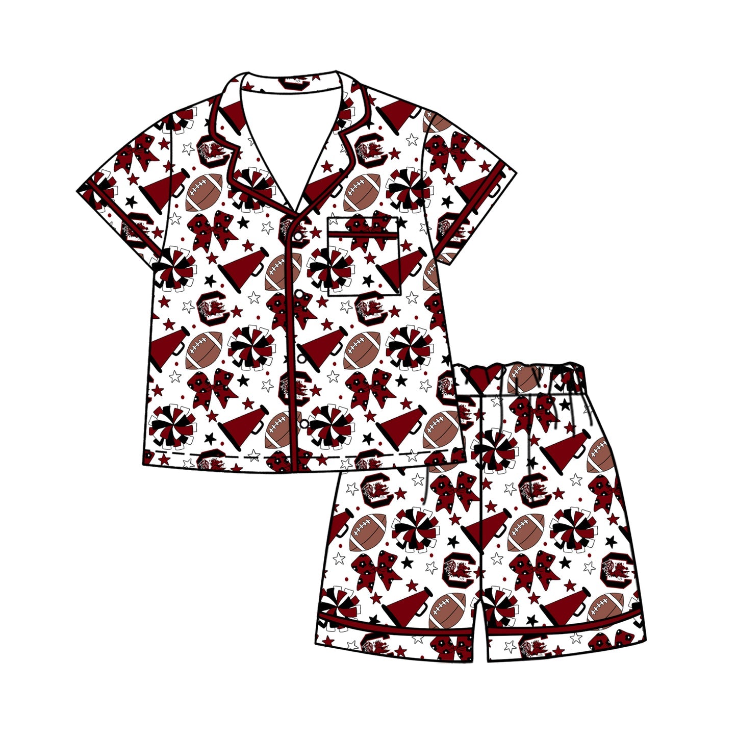 Preorder (moq 5)Baby Girls Footballs Bows Button Pocket Top Short Team Clothes Sets