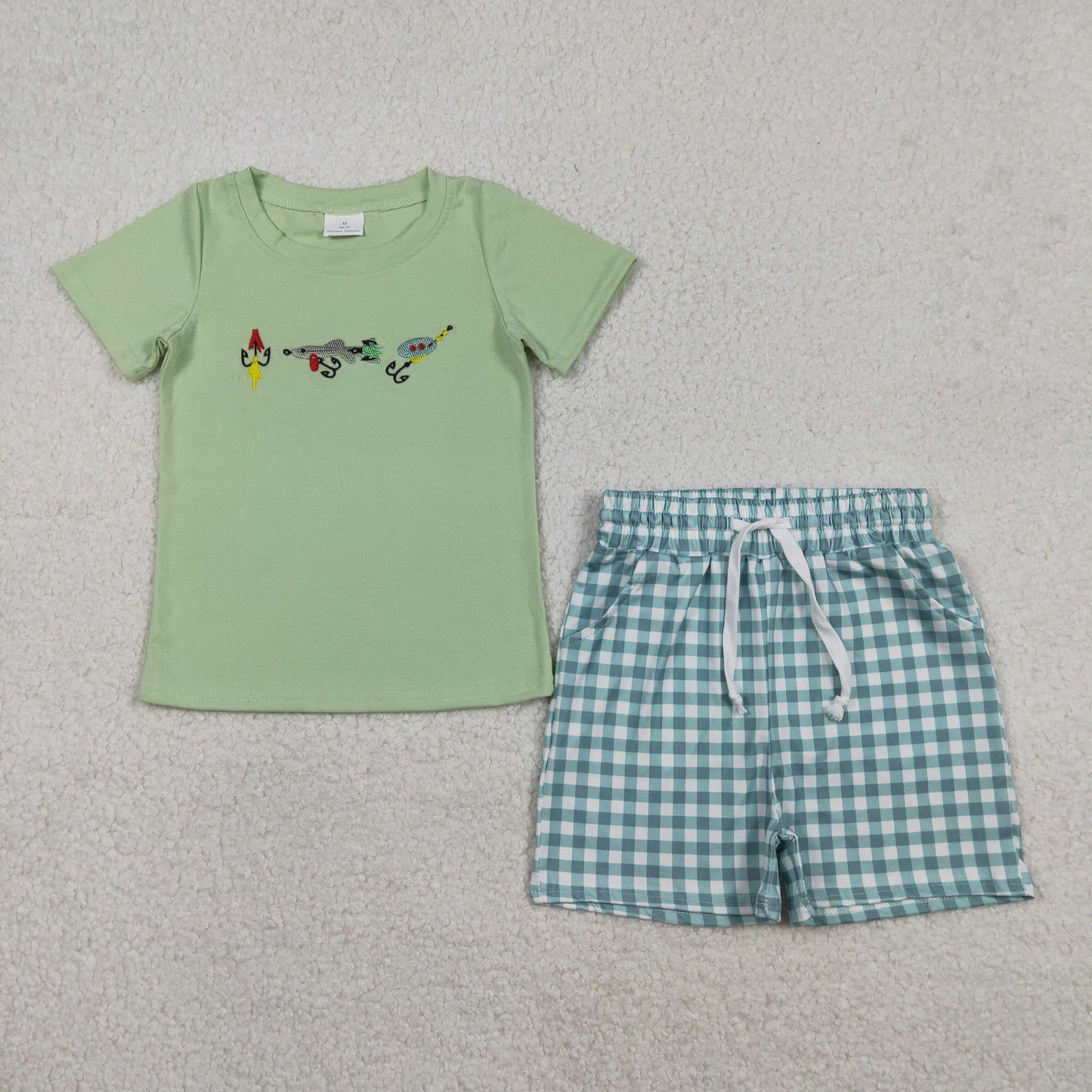 Embroidery Fishing Baby Boys Top Checked Pockets Shorts Hunting Clothes Sets