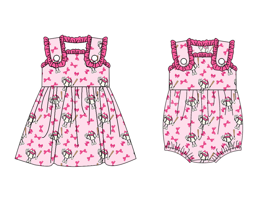 Preorder moq 5 Custom Baby Girls Pink Sleeveless Bows Baseballs Knee Length Dress Rompers