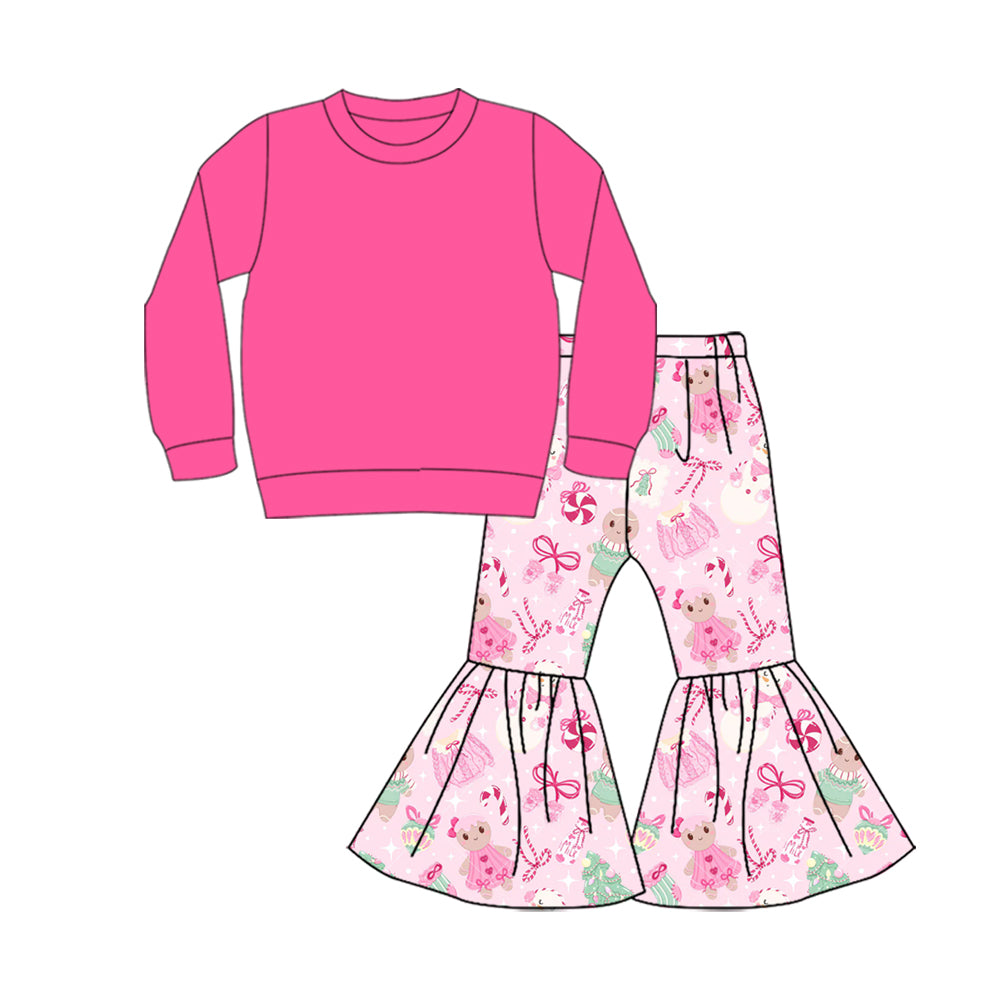 Preorder (moq 5)Baby Girls Pink Color Shirt Top Snowmen Bell Bottom Pants Christmas Clothes Sets