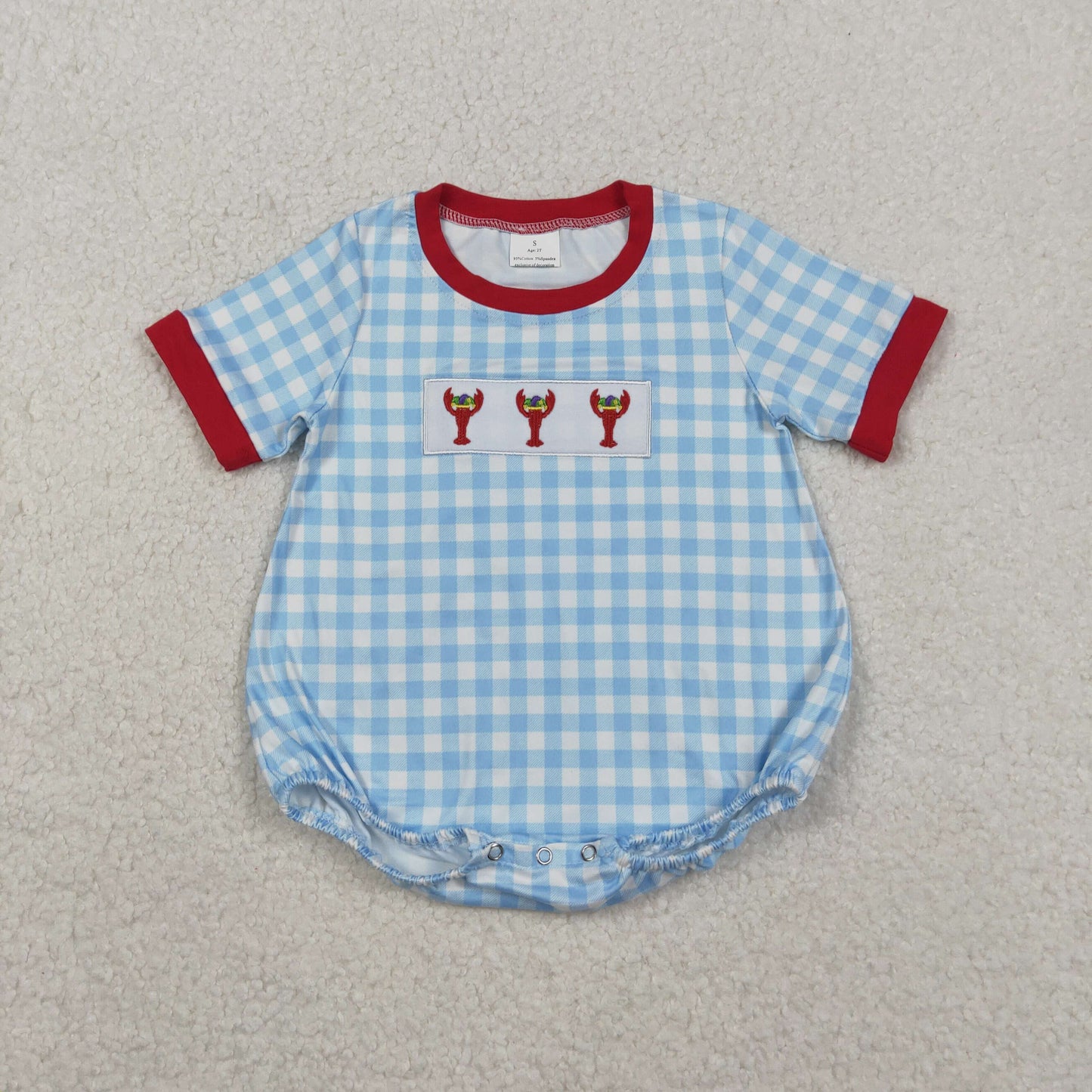 Embroidery Anchor Crayfishes Baby Boys Blue Checked Mardigras Rompers