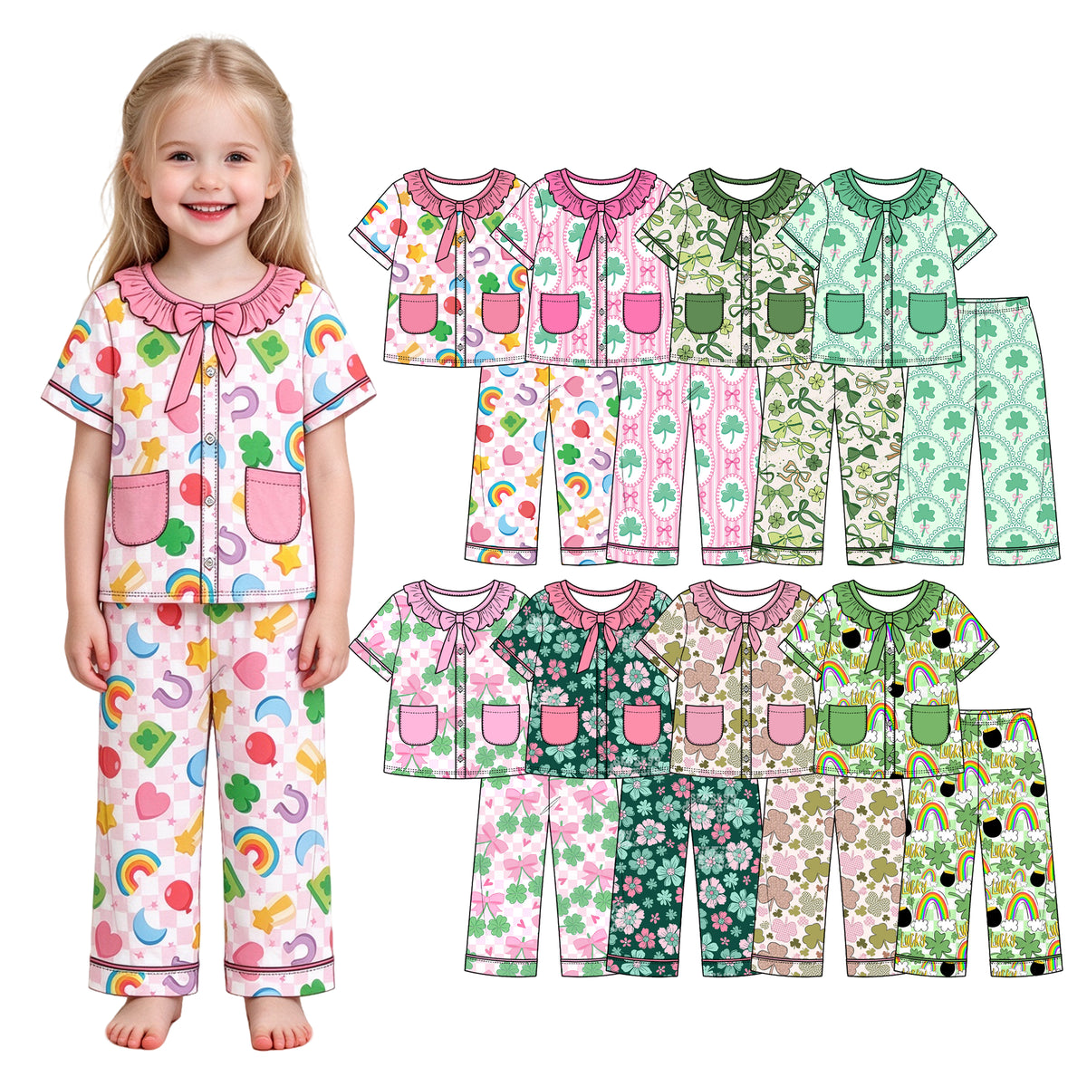Preorder (moq 5) Baby Girl Clothes Pink Stripe Clover Bow Mixed Print Short Sleeve Ruffle Bow Long Pant Pajama Set