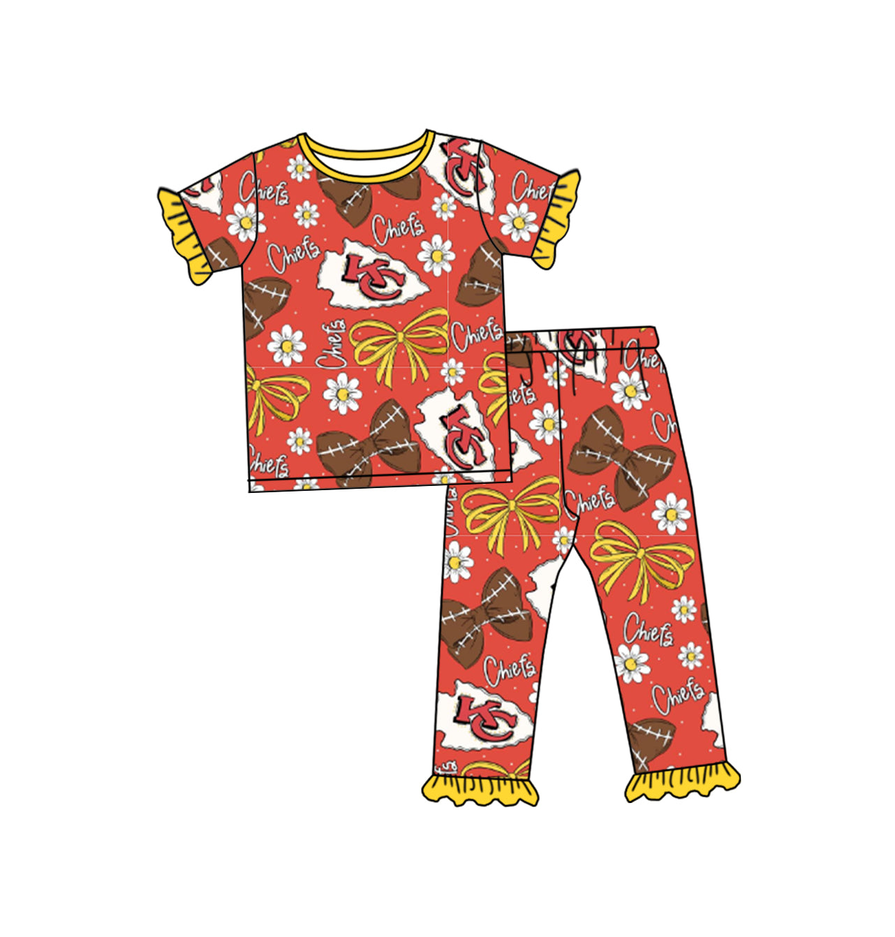 Preorder (moq 5)Baby Girls KC Chief Bows Flowers Shirt Top Pants Pajamas Clothes Sets