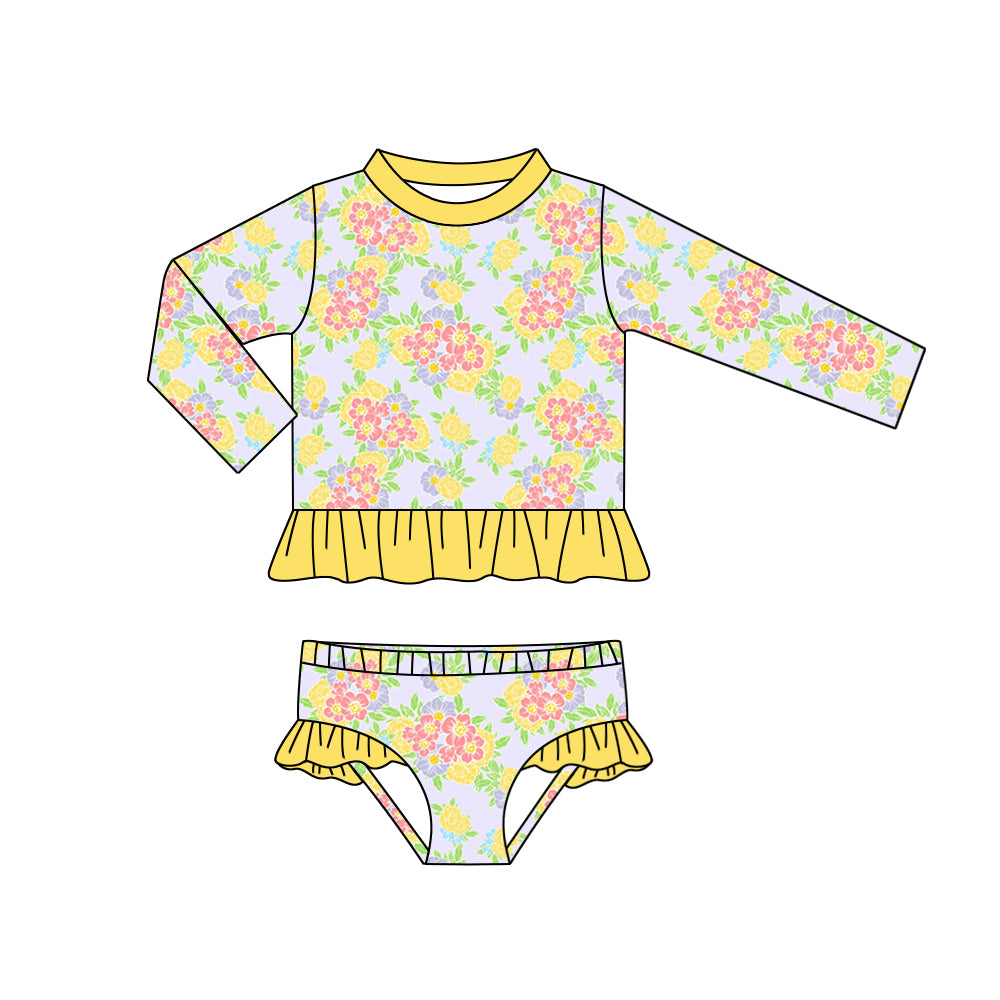 Baby Girls Yellow Flowers Long Sleeve Top Ruffle Bummie 2pcs Swimsuits preorder