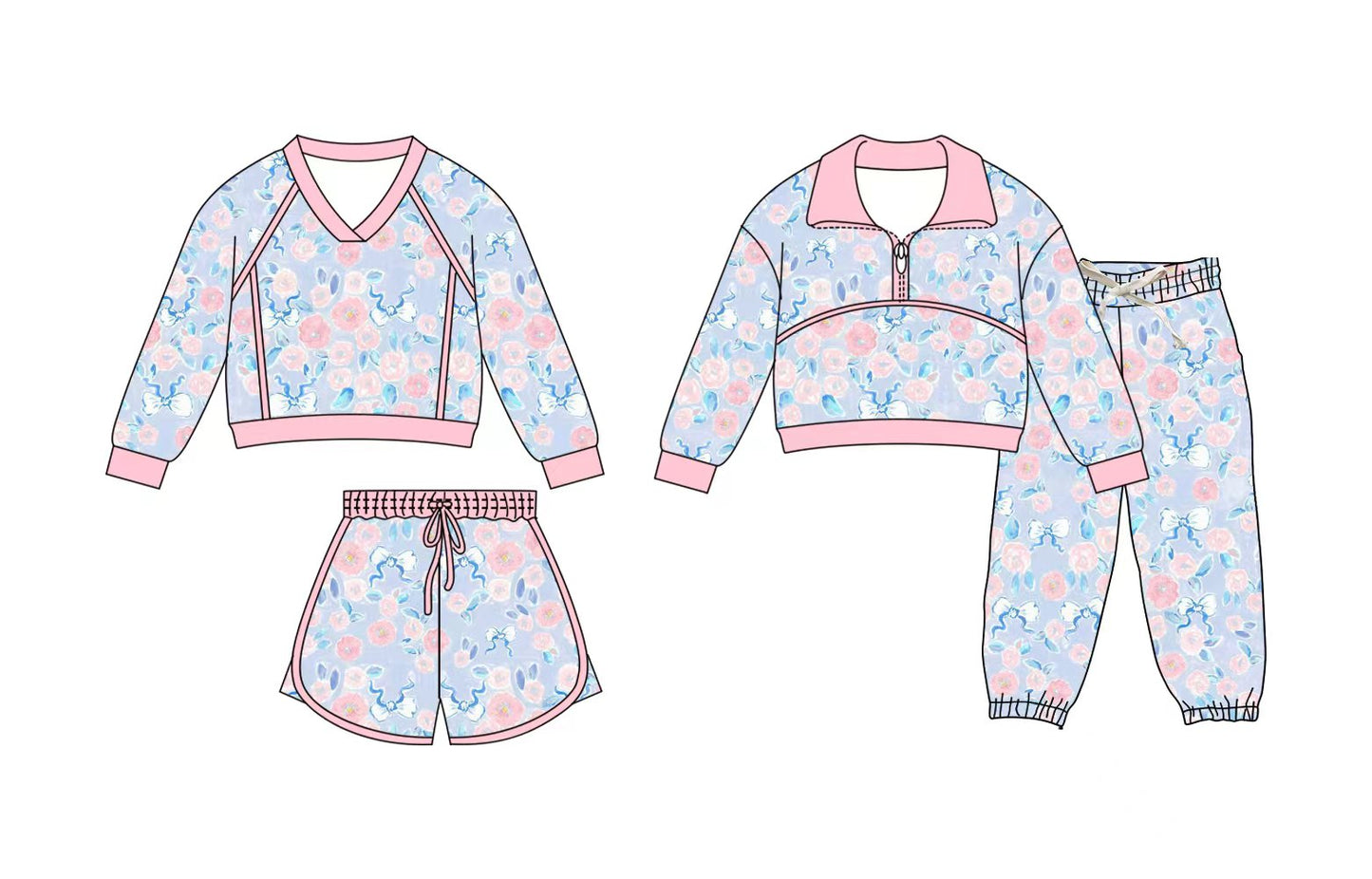 Preorder moq 5 (each item)Baby Girls Colorful Floral Bows Shirts Short Joggers Clothes Sets