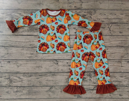 Baby Girls Thanksgiving Turkey Pie Ruffle Pants Pajamas