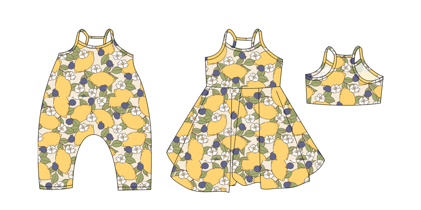 Preorder moq 5 Custom Baby Girls Yellow Strap Flowers Lemons Knee Length Dresses Rompers