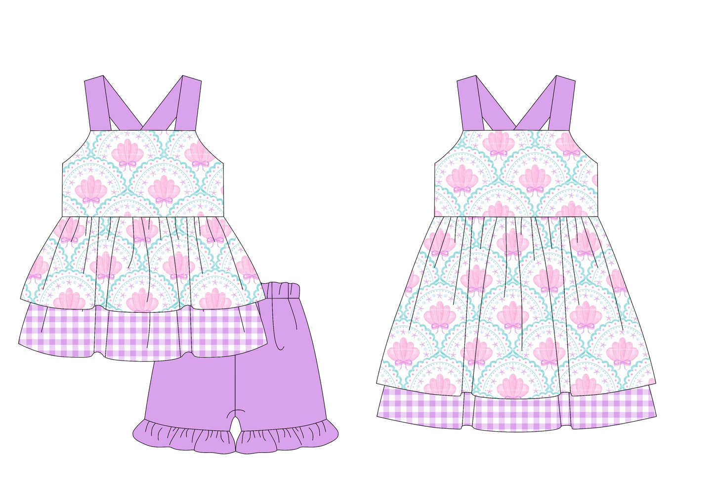 Preorder moq 5 Custom Baby Girls Purple Strap Shell Tunic Ruffle Short Set Knee Length Dresses