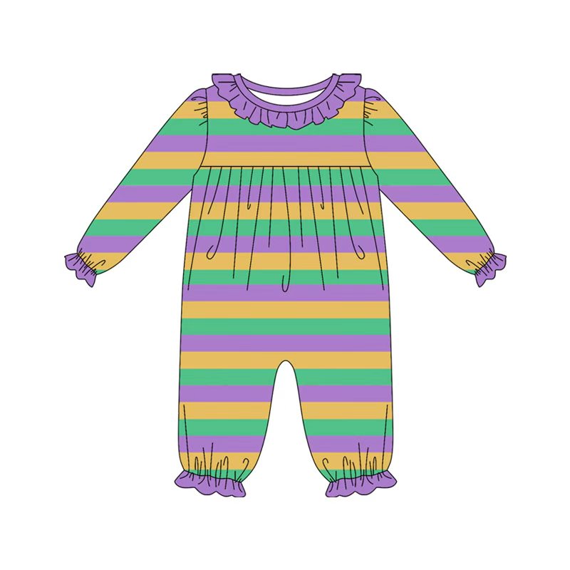 Preorder(moq 8)Baby Girls Mardigras Stripes Ruffle Collar Footie Rompers