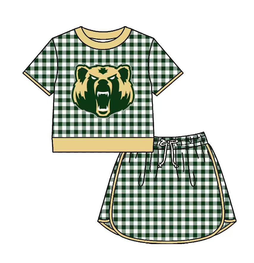 Preorder (moq 5)Baby Girls Green Checked Bears Top Skirt Short Team Clothes Set