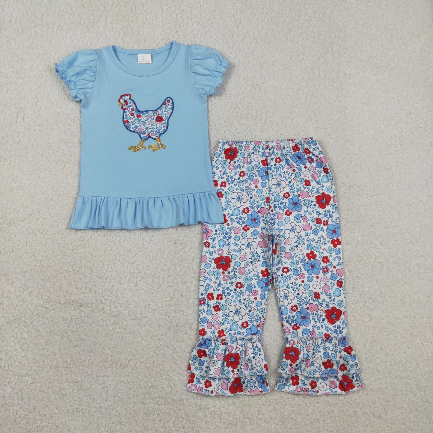 Embroidery Floral Chick Baby Girls Tunic Ruffle Pants Farm Clothes Set