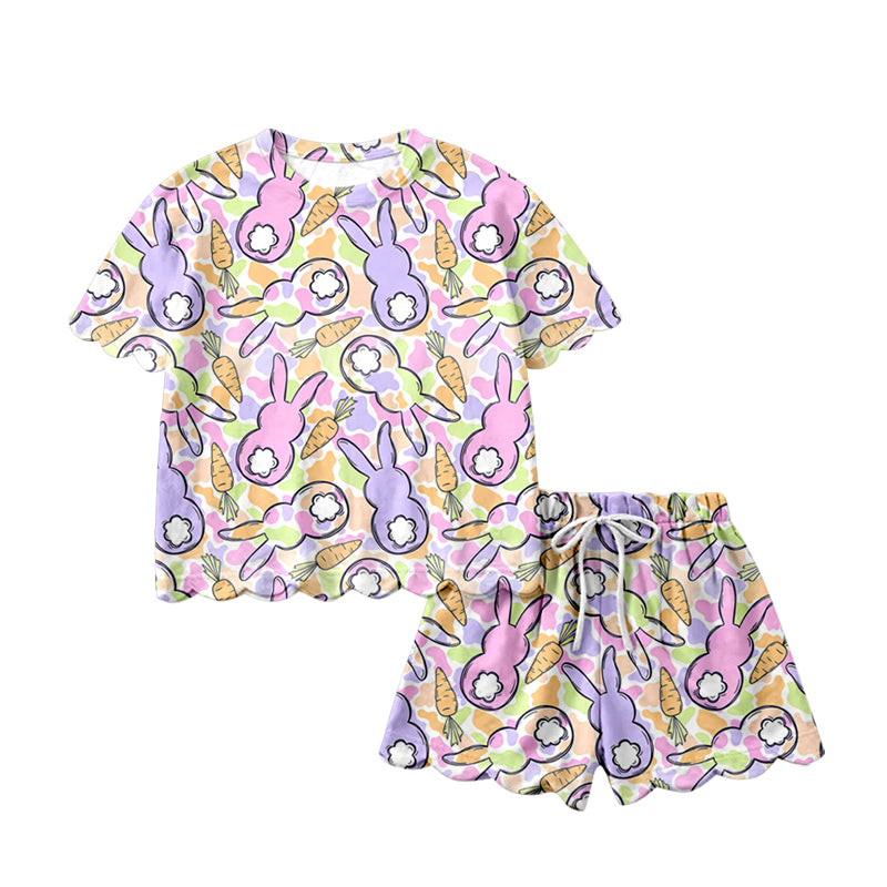 Preorder (moq 5)Baby Girls Colorful Rabbits Camo Carrots Top Scallop Shorts Easter Clothes Sets