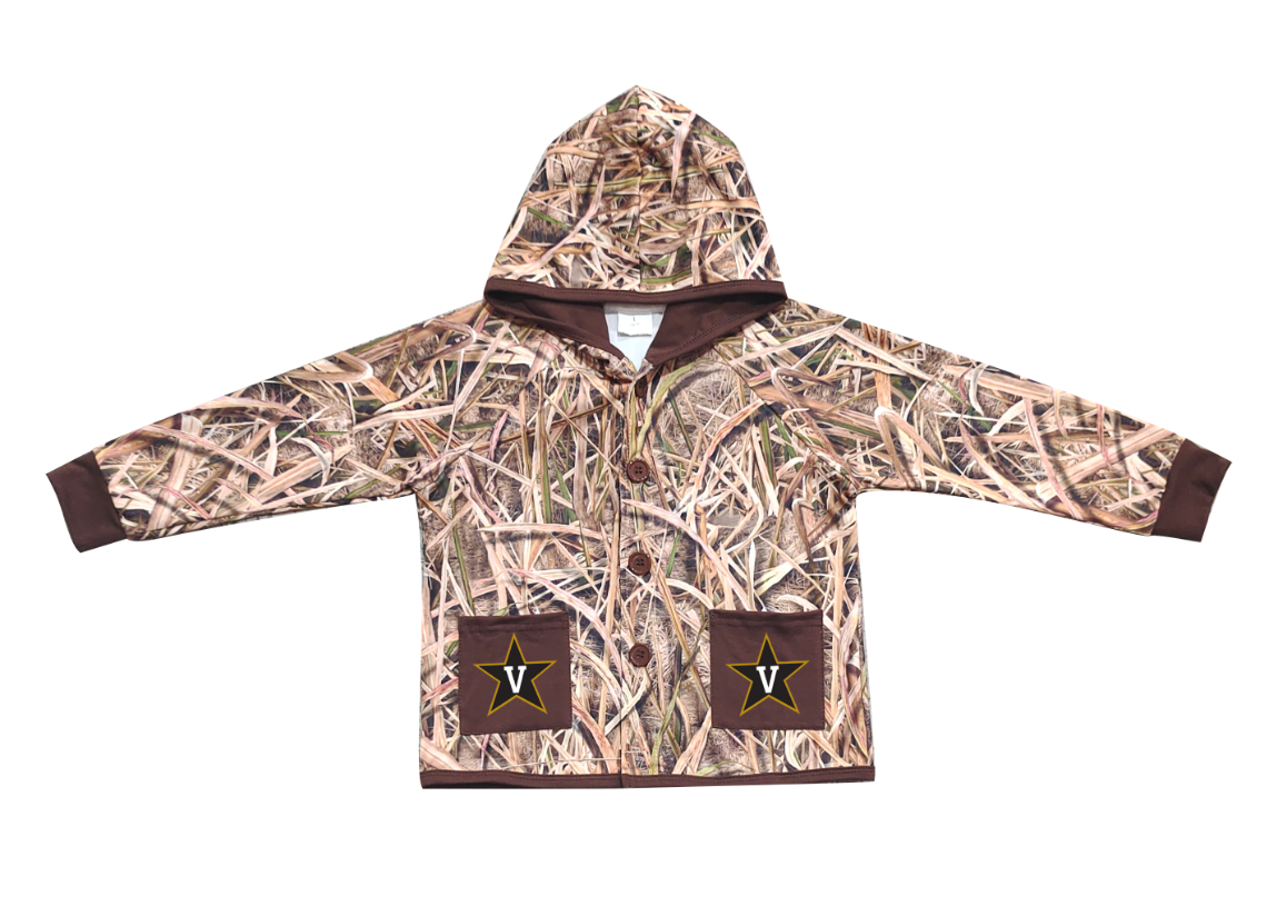 Preorder (moq 5)Baby Boys Khaki Leaves Camo V Stars Pockets Team Button Hoodie Jackets Top
