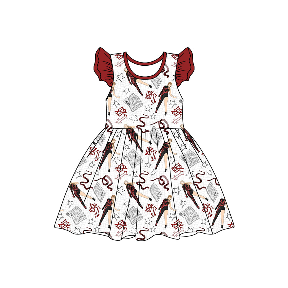 Preorder (moq 5)Baby Girls Red Singer Flutter Sleeve Knee Length Dresses