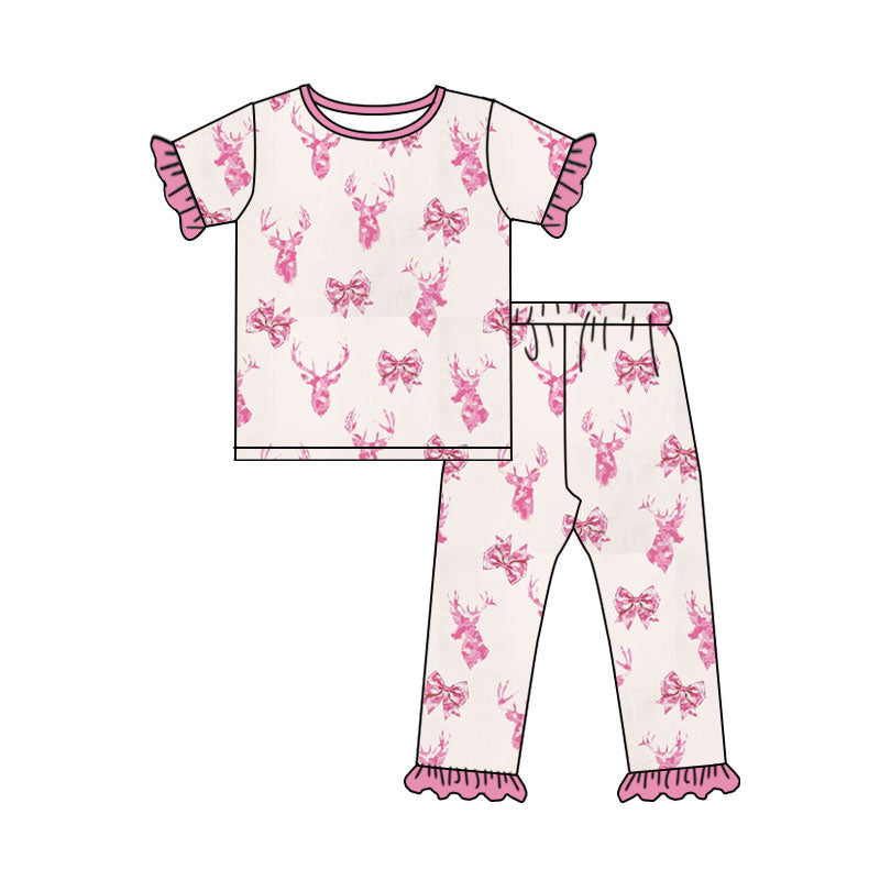 Preorder (moq 5) Baby Girl Clothes Pink Watercolor Deer Bow Print Short Sleeve Ruffle Top Long Pant Set