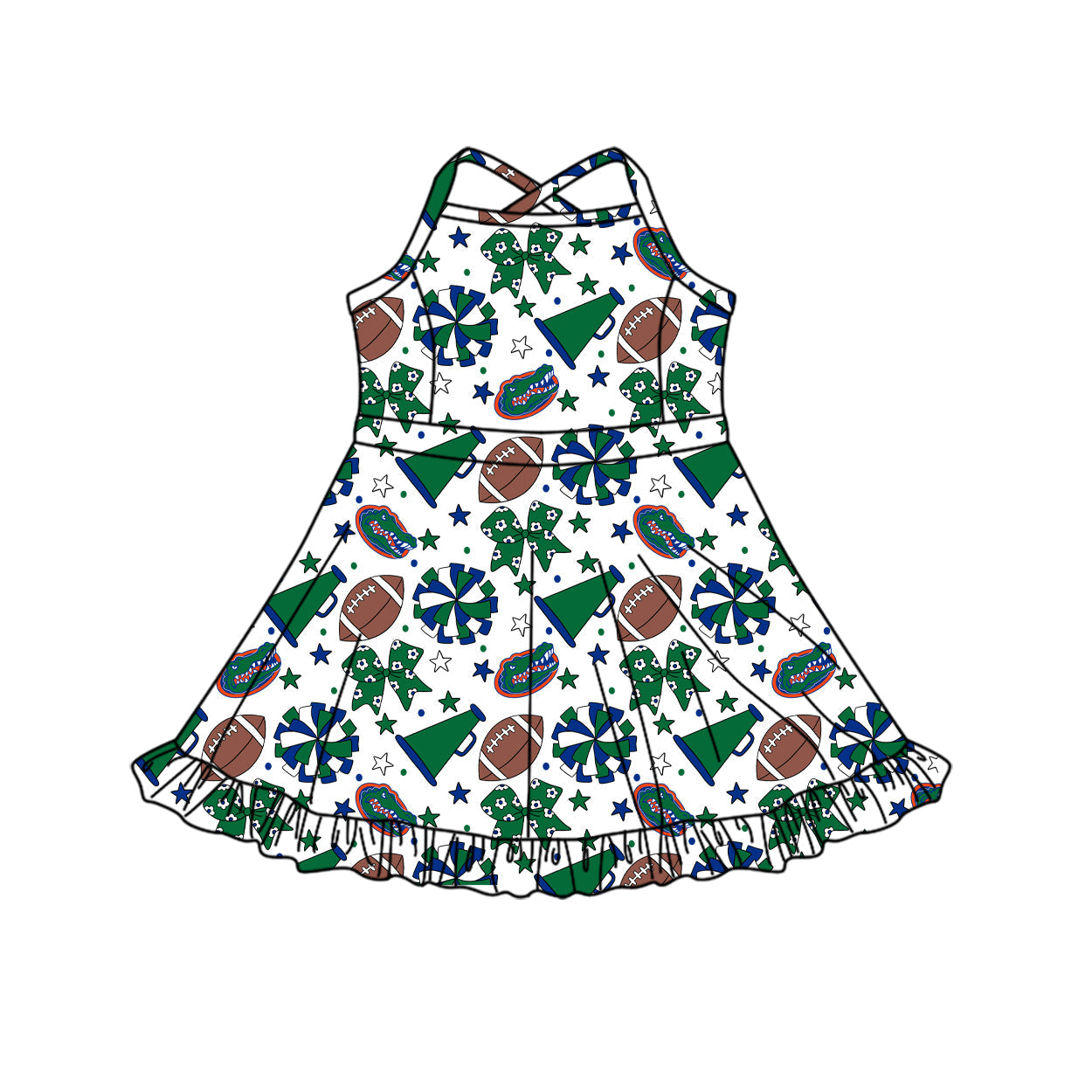 Preorder (moq 5)Baby Girls Strap Bows Stars Footballs Team Shorts Ruffle Knee Length Dress