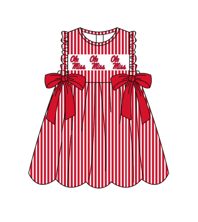 Preorder (moq 5)Baby Girls Sleeveless Red Stripe Ole Miss Bows Team Knee Length Dresses