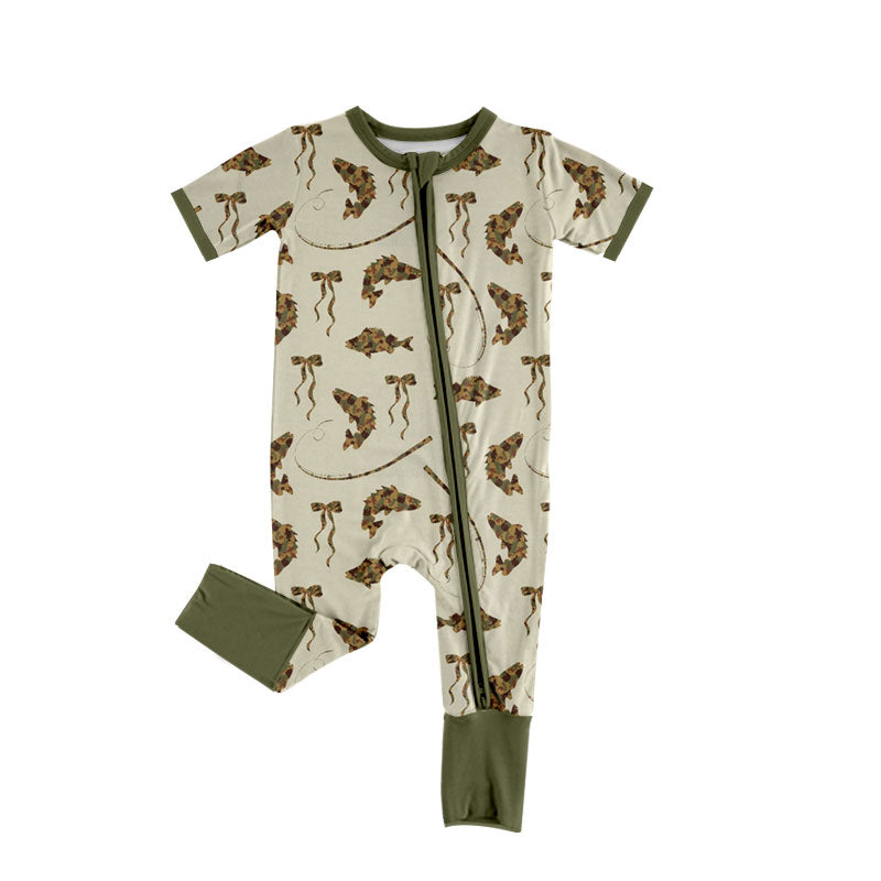 Preorder (moq 5) Baby Girl Clothes Camo Fish Fishing Rod Bow Print Short Sleeve Zipper Romper