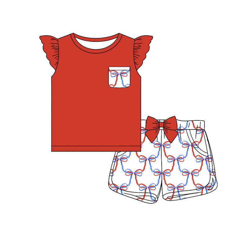 Preorder (moq 5)Baby Girls Red Tee Top 4th Of July Bows Shorts Clothes Sets