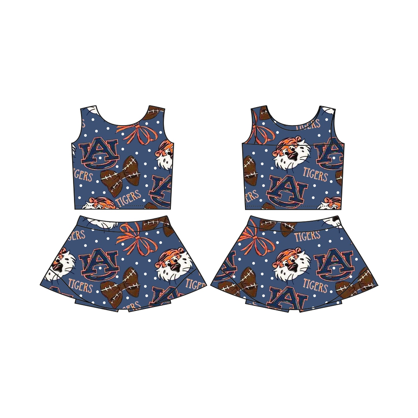 Preorder (moq 5)Baby Girls AU Tiger Bows Team Sleeveless Top Skorts Sets